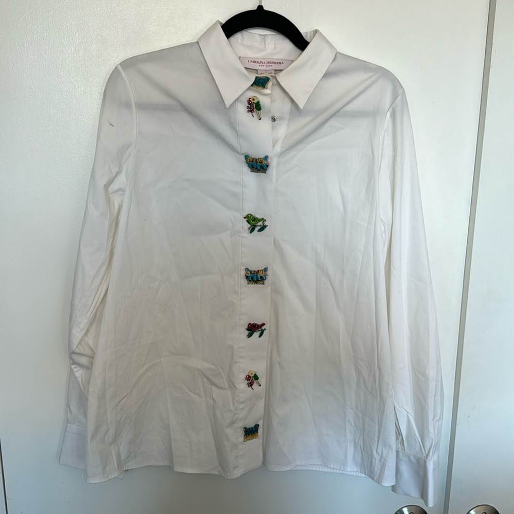 Carolina Herrera White Snap-Up Blouse With Wooden Animal Details